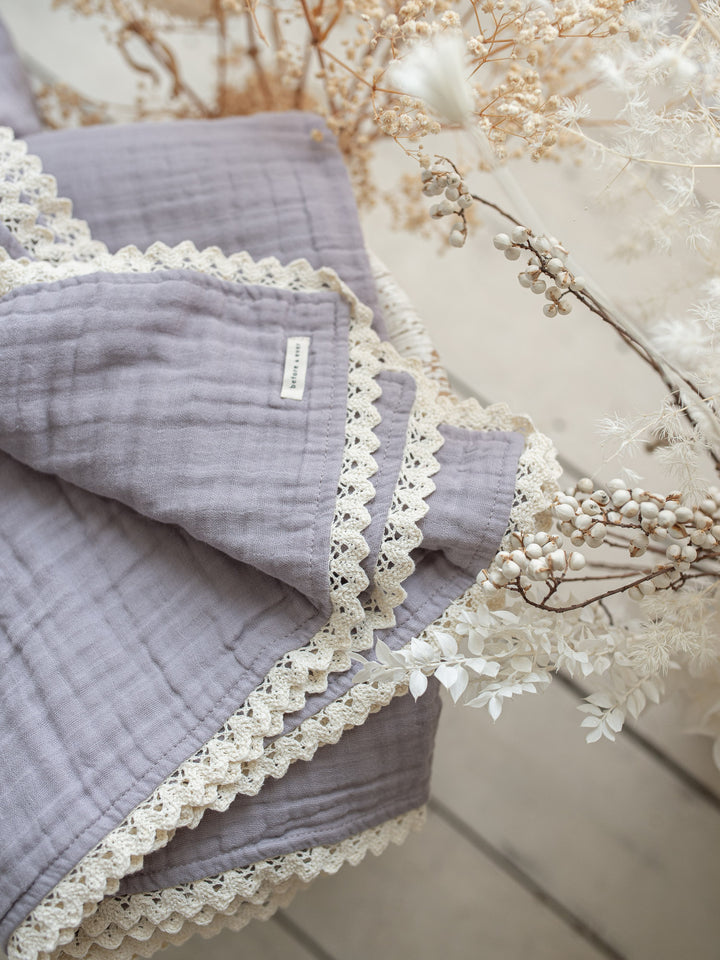 Lullaby Lace - Personalised Muslin Gauze Blanket - Purple Haze