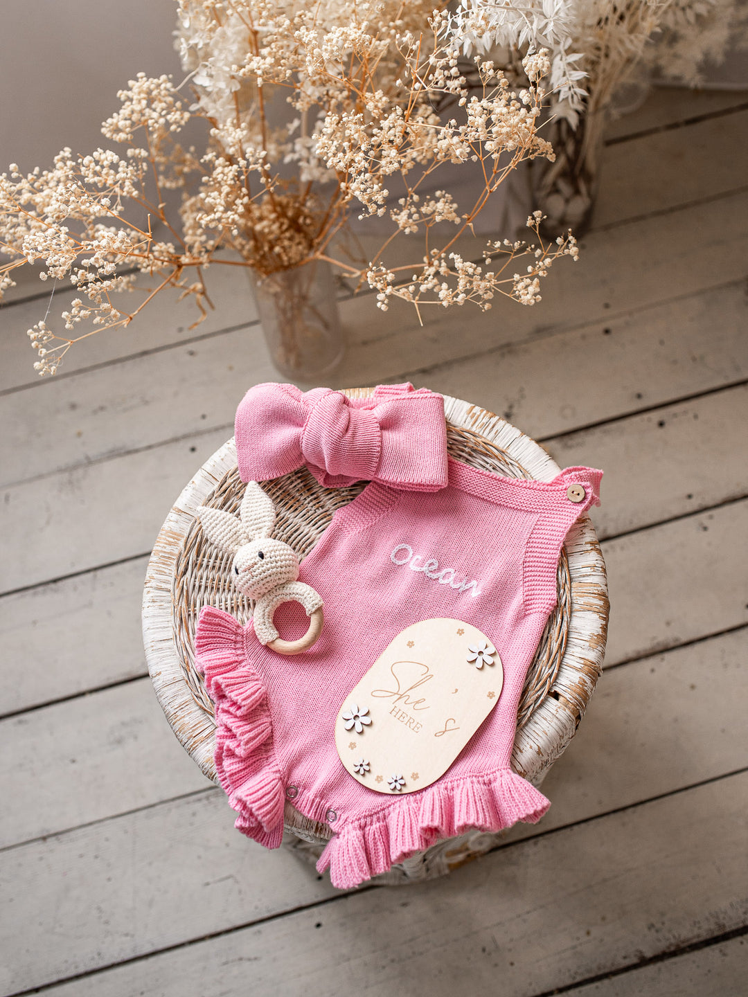 She's Here Flower Wooden Birth Announcement Plaque