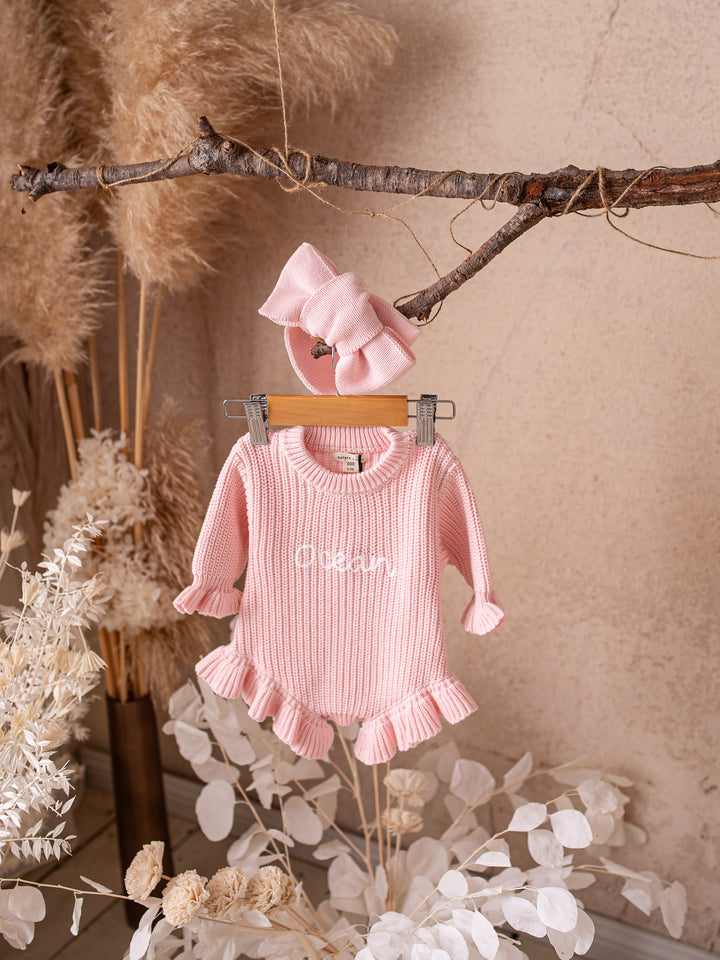 Written in Thread Long Sleeve Frill Romper - Baby Pink