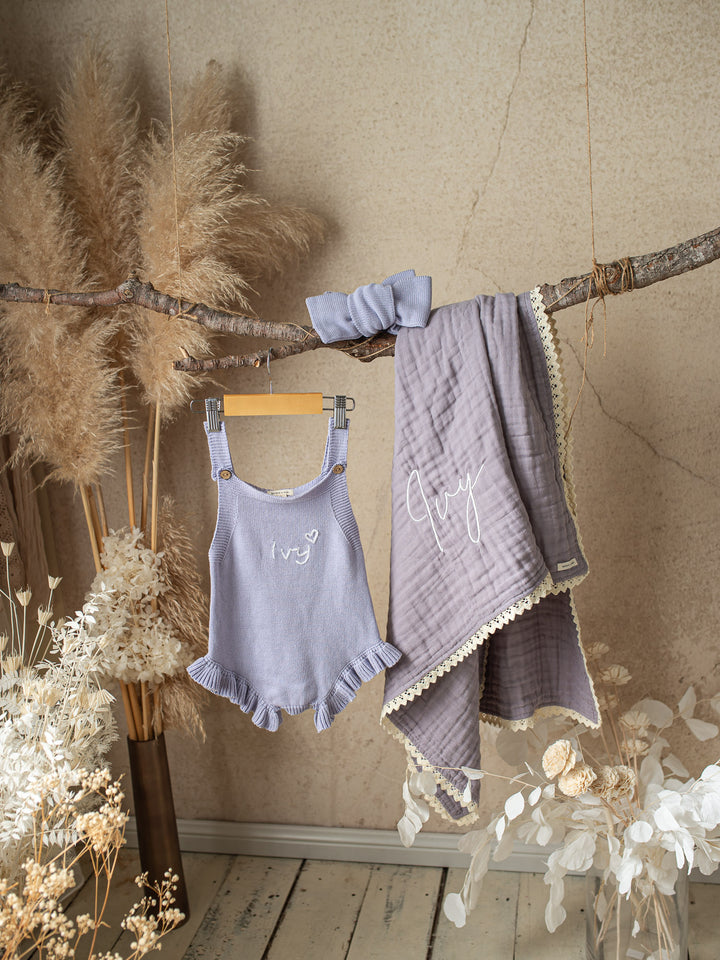 Lullaby Lace - Personalised Muslin Gauze Blanket - Purple Haze