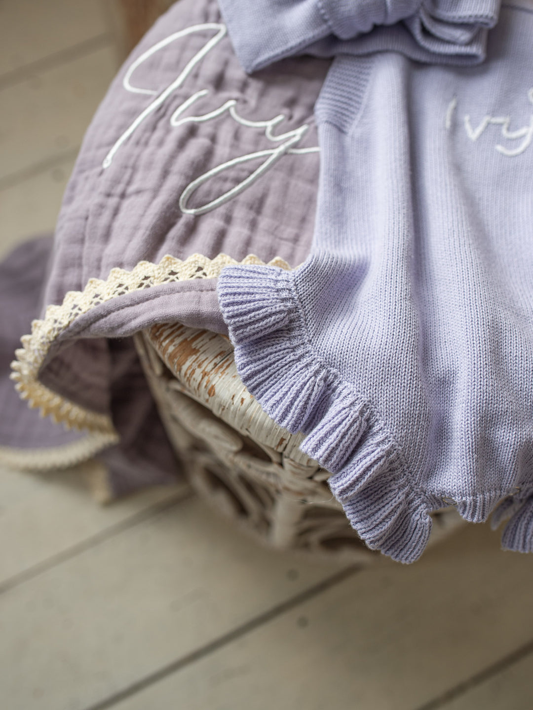 Lullaby Lace - Personalised Muslin Gauze Blanket - Purple Haze