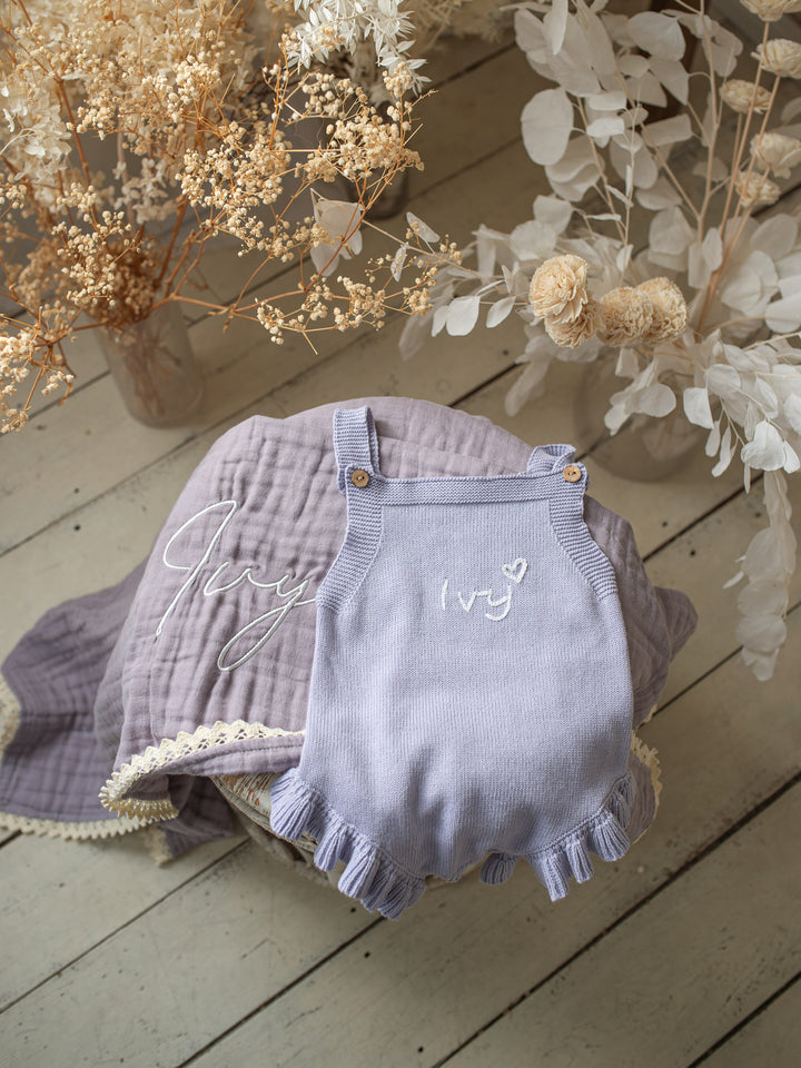 Lullaby Lace - Personalised Muslin Gauze Blanket - Purple Haze