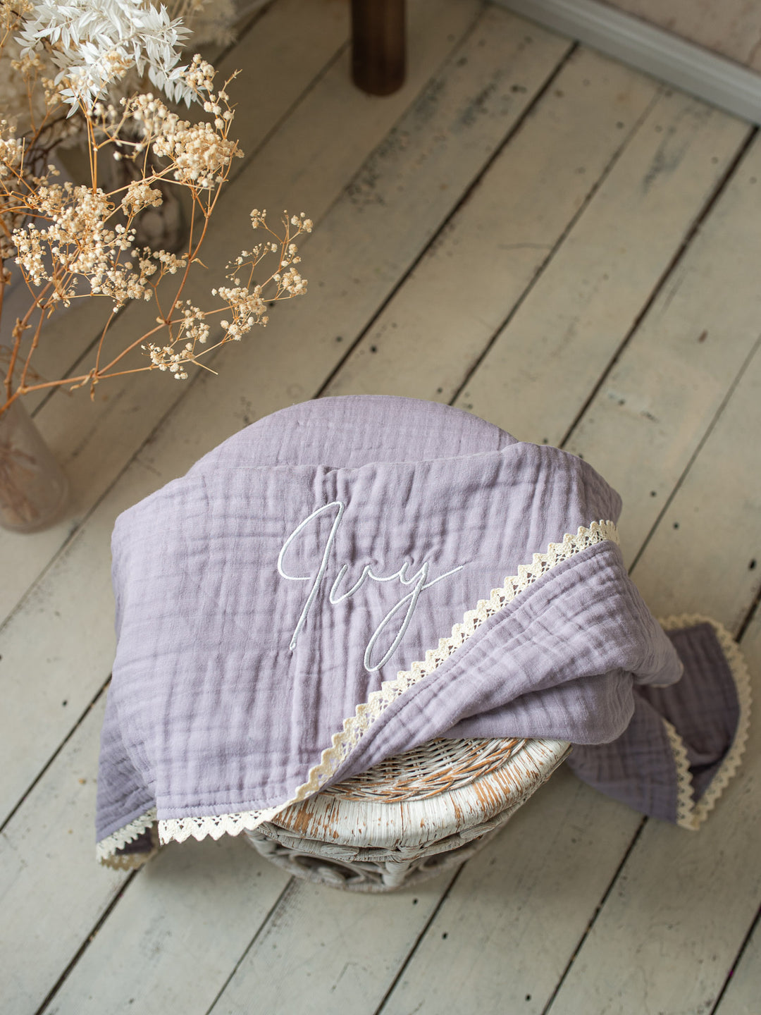 Lullaby Lace - Personalised Muslin Gauze Blanket - Purple Haze