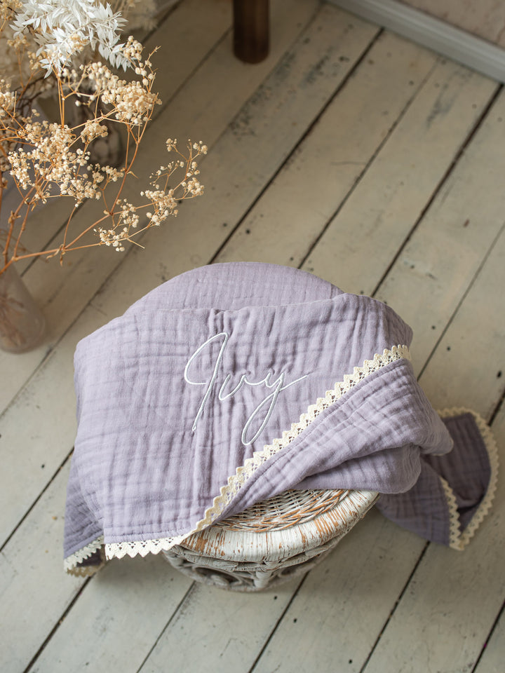 Lullaby Lace - Personalised Muslin Gauze Blanket - Purple Haze