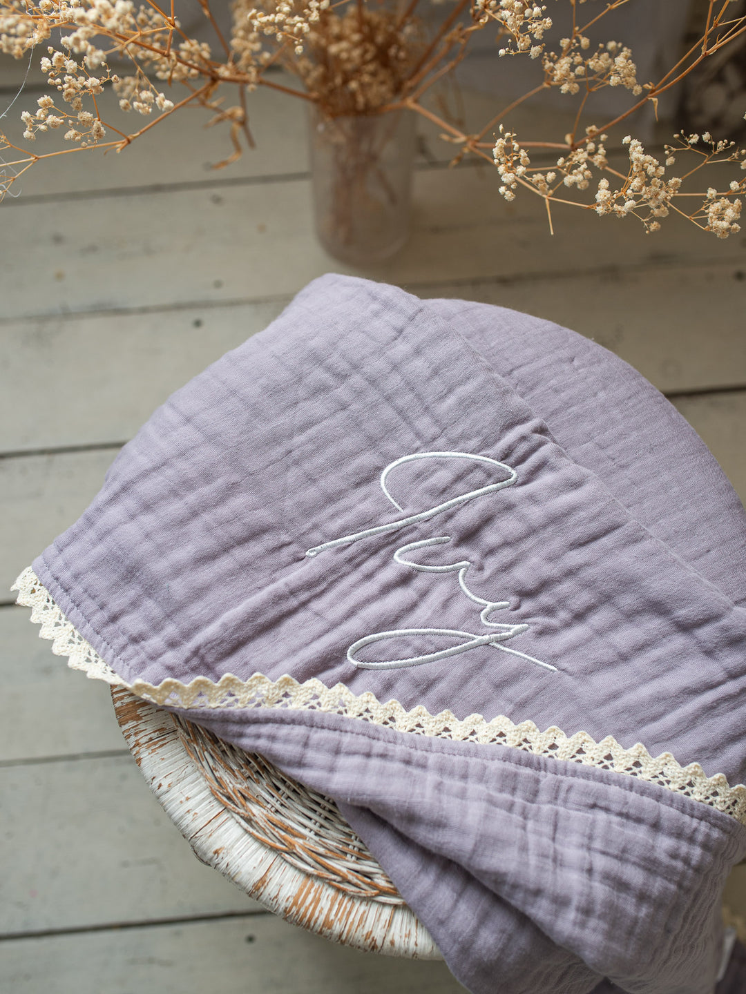 Lullaby Lace - Personalised Muslin Gauze Blanket - Purple Haze