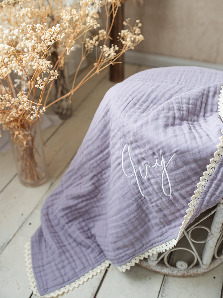 Lullaby Lace - Personalised Muslin Gauze Blanket - Purple Haze
