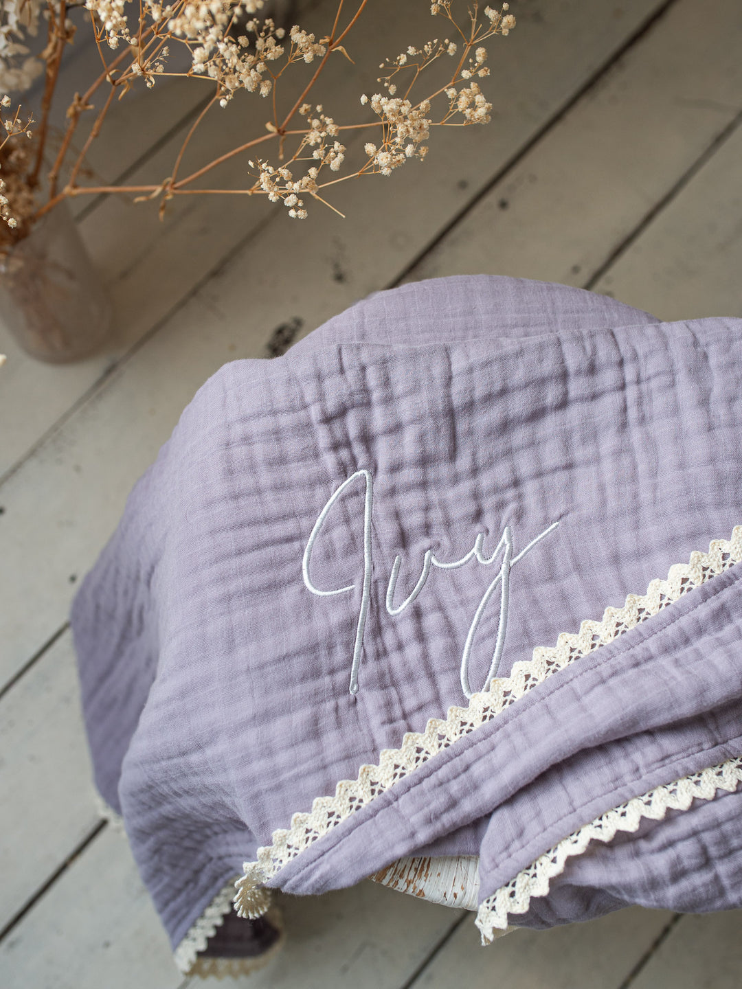 Lullaby Lace - Personalised Muslin Gauze Blanket - Purple Haze