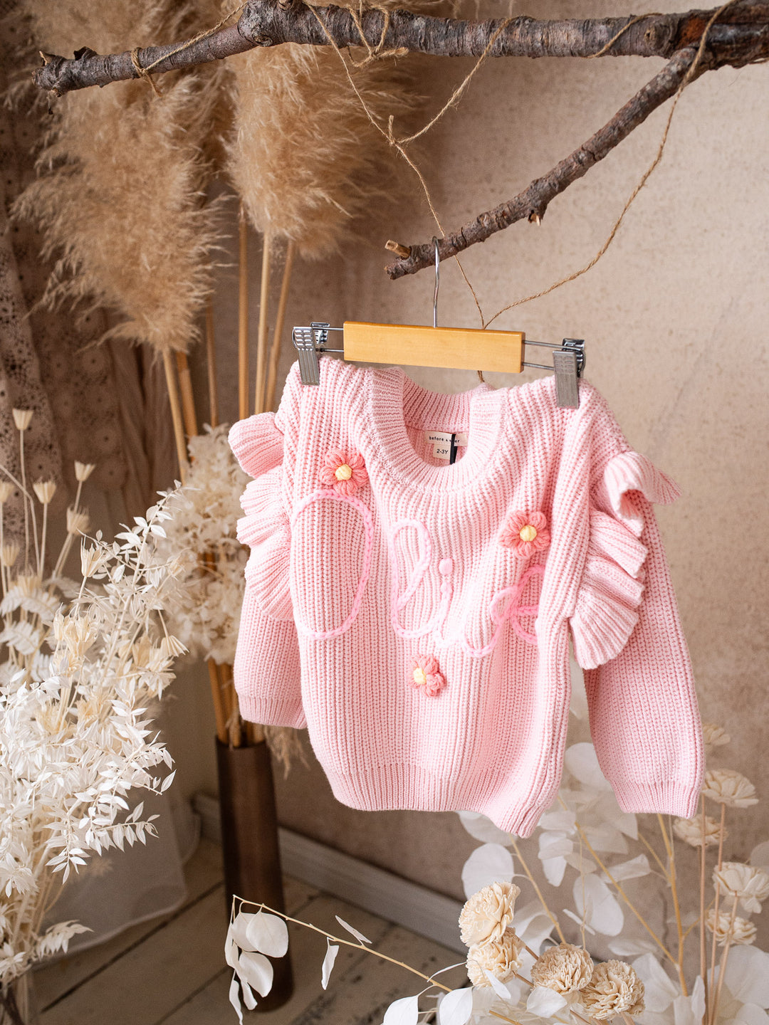 Written in Thread Frill Sweater with Flowers - Baby Pink
