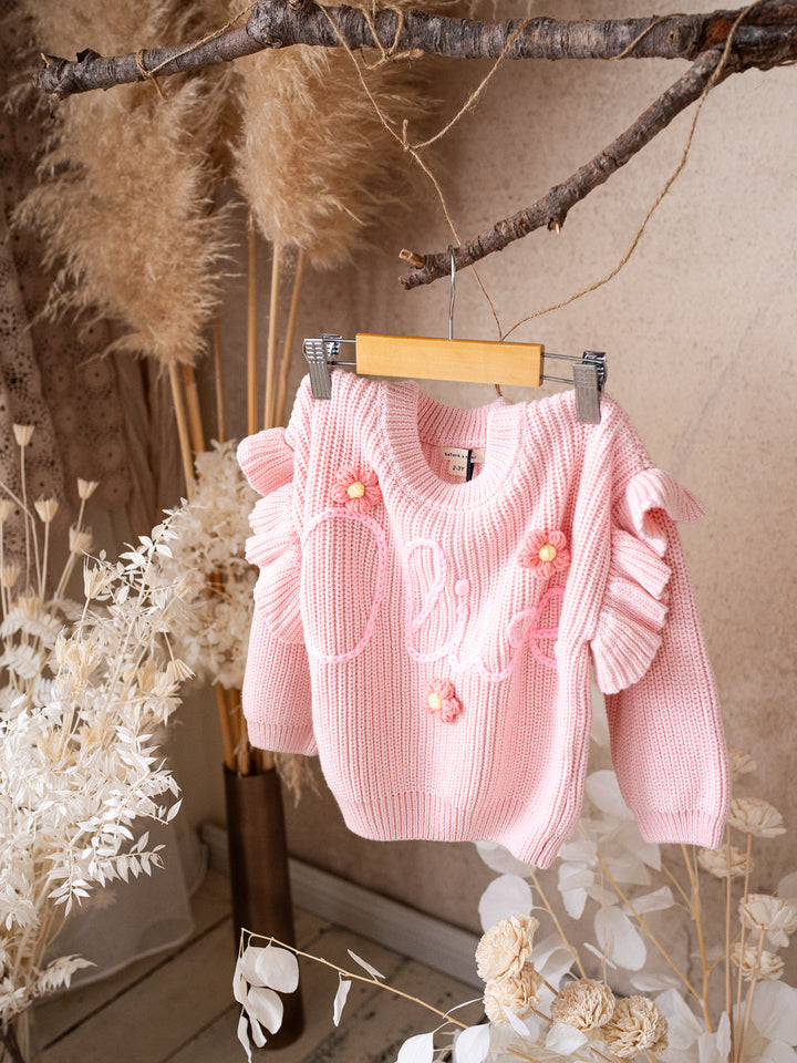 Written in Thread Frill Sweater with Flowers - Baby Pink