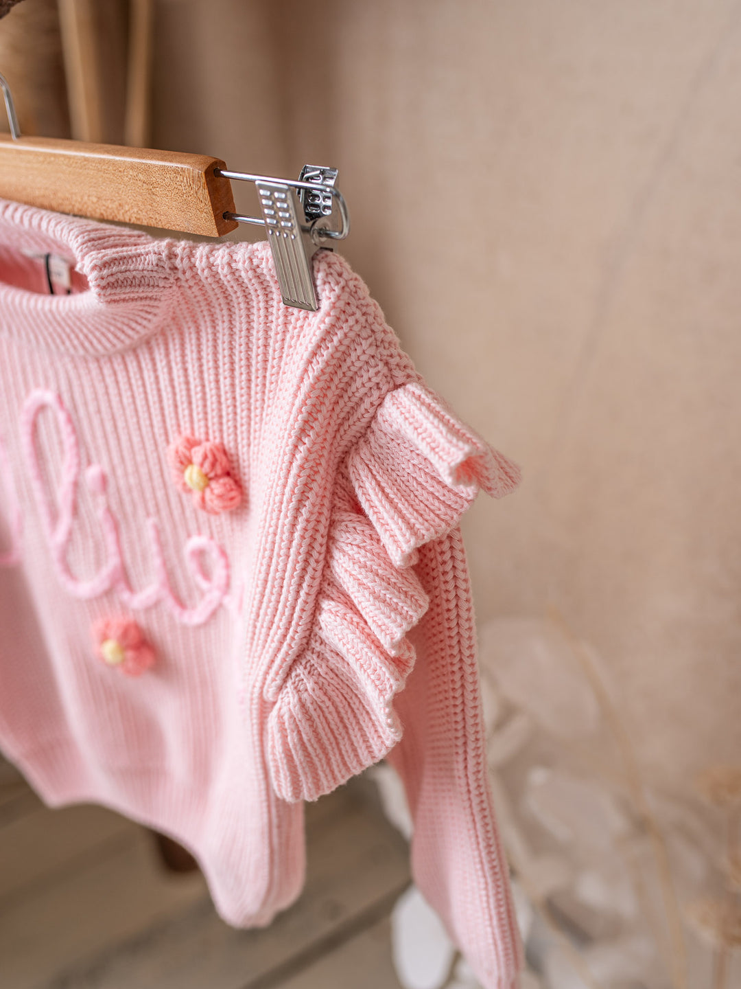 Written in Thread Frill Sweater with Flowers - Baby Pink