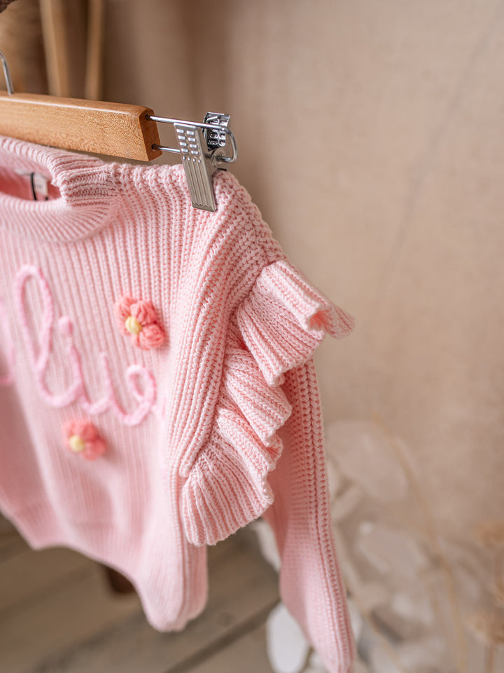 Written in Thread Frill Sweater with Flowers - Baby Pink
