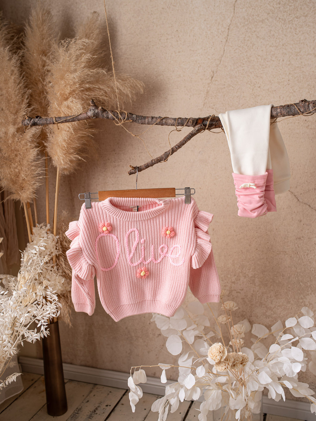 Written in Thread Frill Sweater with Flowers - Baby Pink