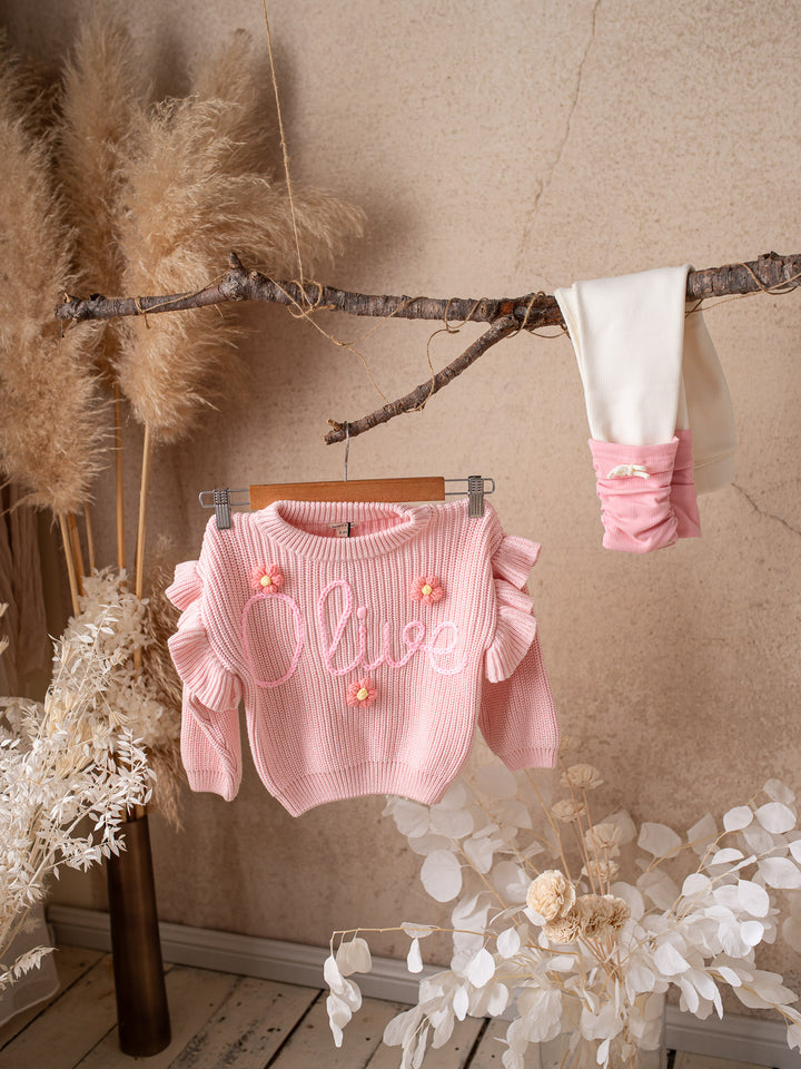 Written in Thread Frill Sweater with Flowers - Baby Pink