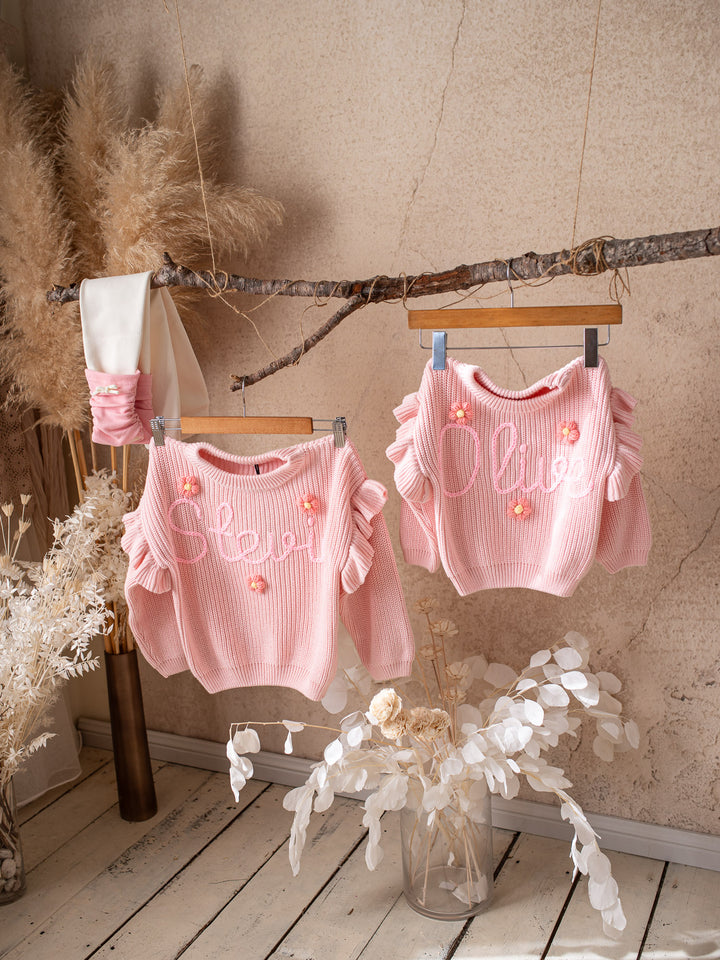 Written in Thread Frill Sweater with Flowers - Baby Pink