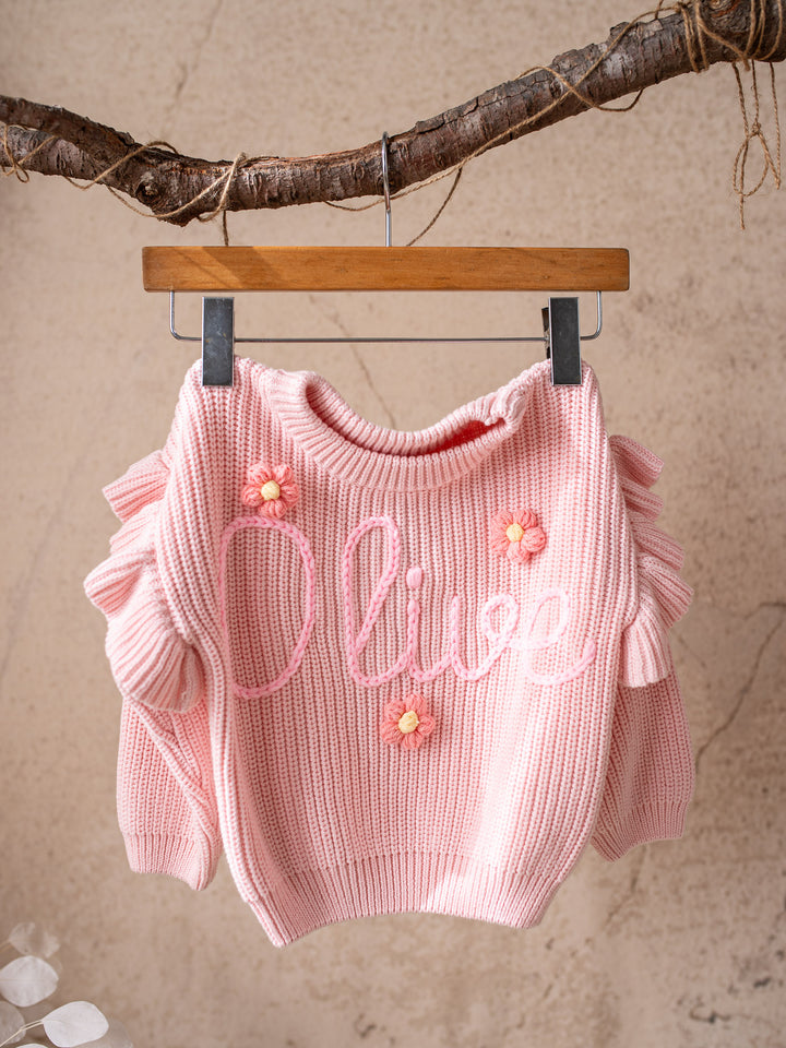 Written in Thread Frill Sweater with Flowers - Baby Pink