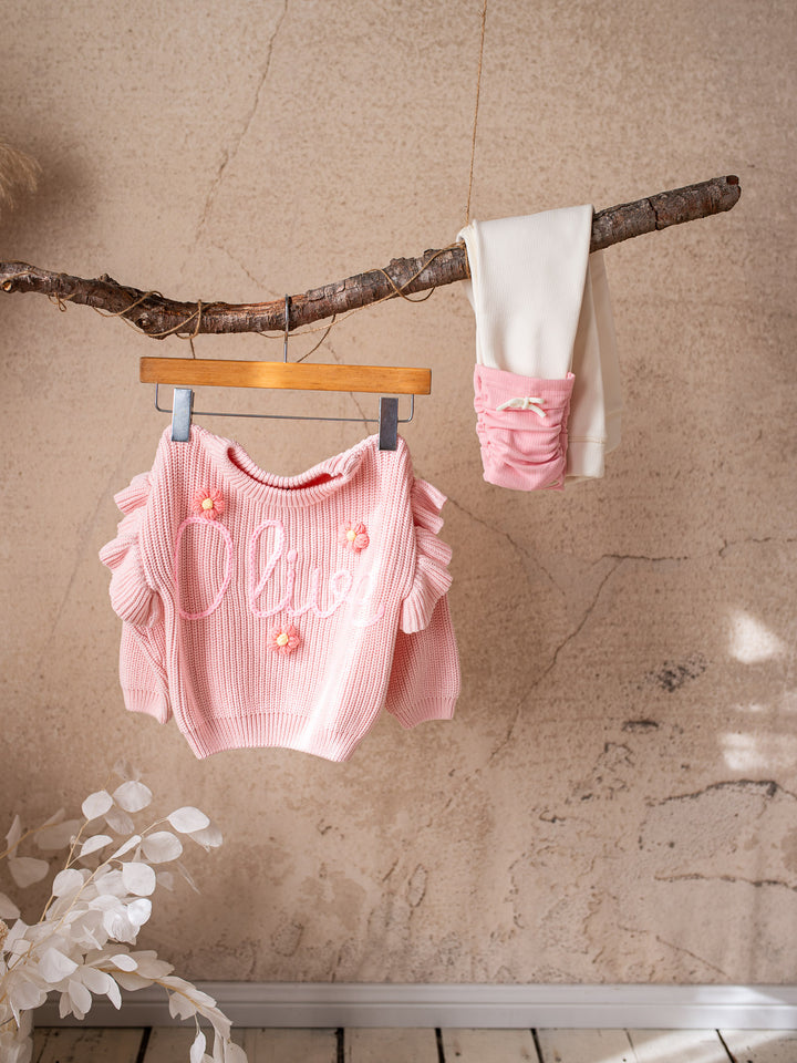 Written in Thread Frill Sweater with Flowers - Baby Pink