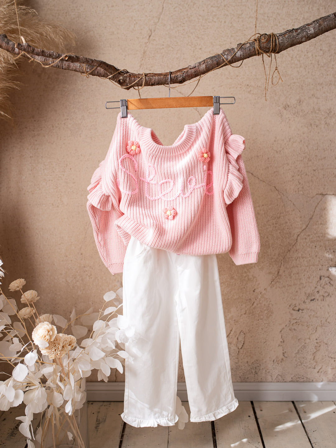 Written in Thread Frill Sweater with Flowers - Baby Pink