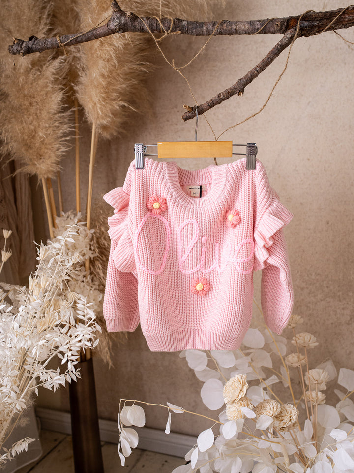 Written in Thread Frill Sweater with Flowers - Baby Pink