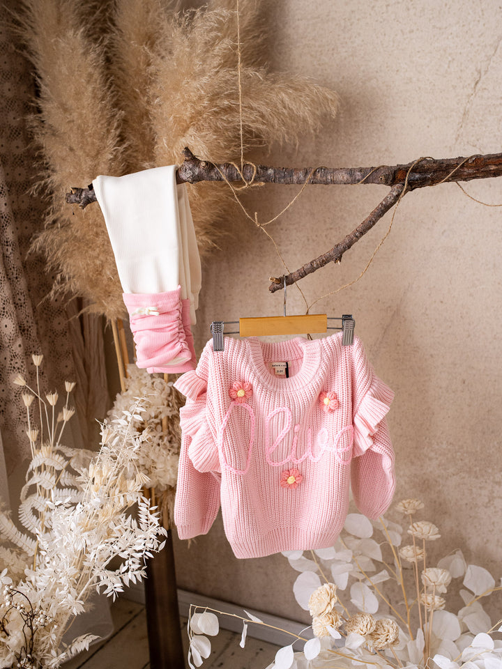 Written in Thread Frill Sweater with Flowers - Baby Pink