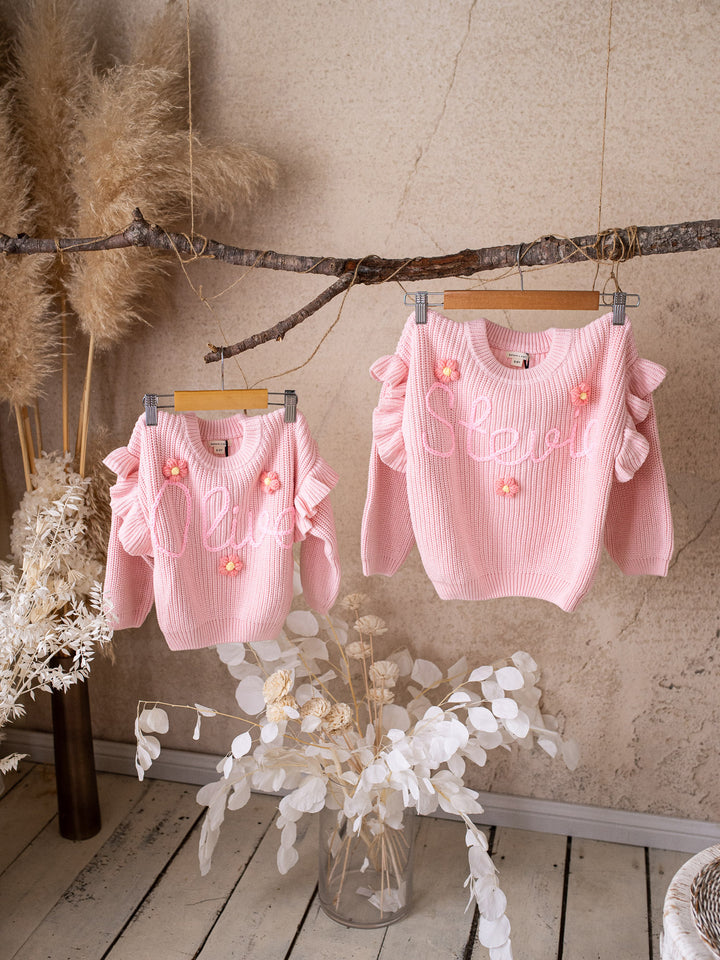 Written in Thread Frill Sweater with Flowers - Baby Pink