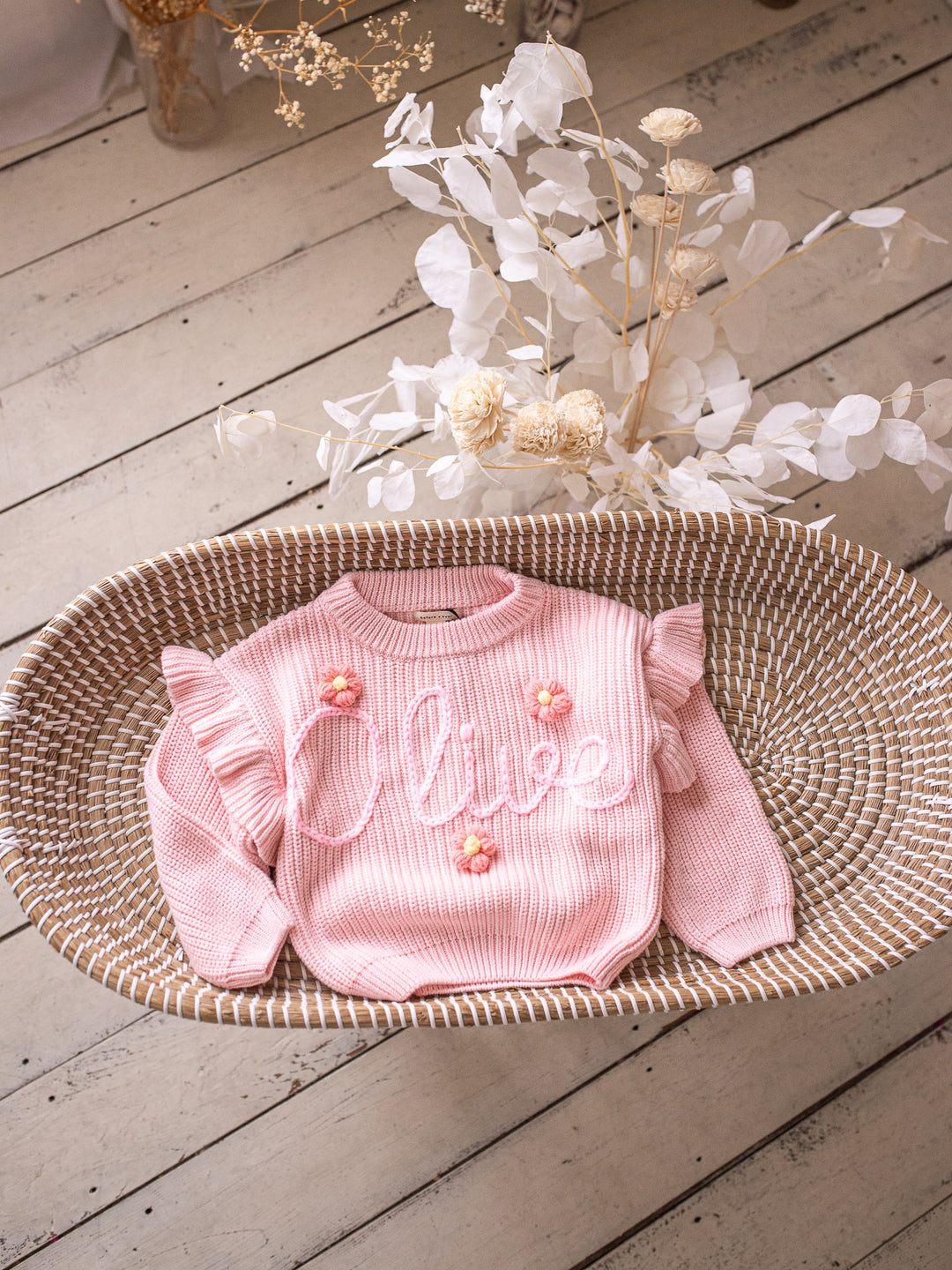 Written in Thread Frill Sweater with Flowers - Baby Pink