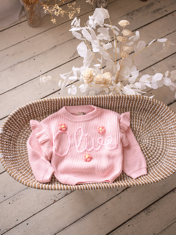 Written in Thread Frill Sweater with Flowers - Baby Pink