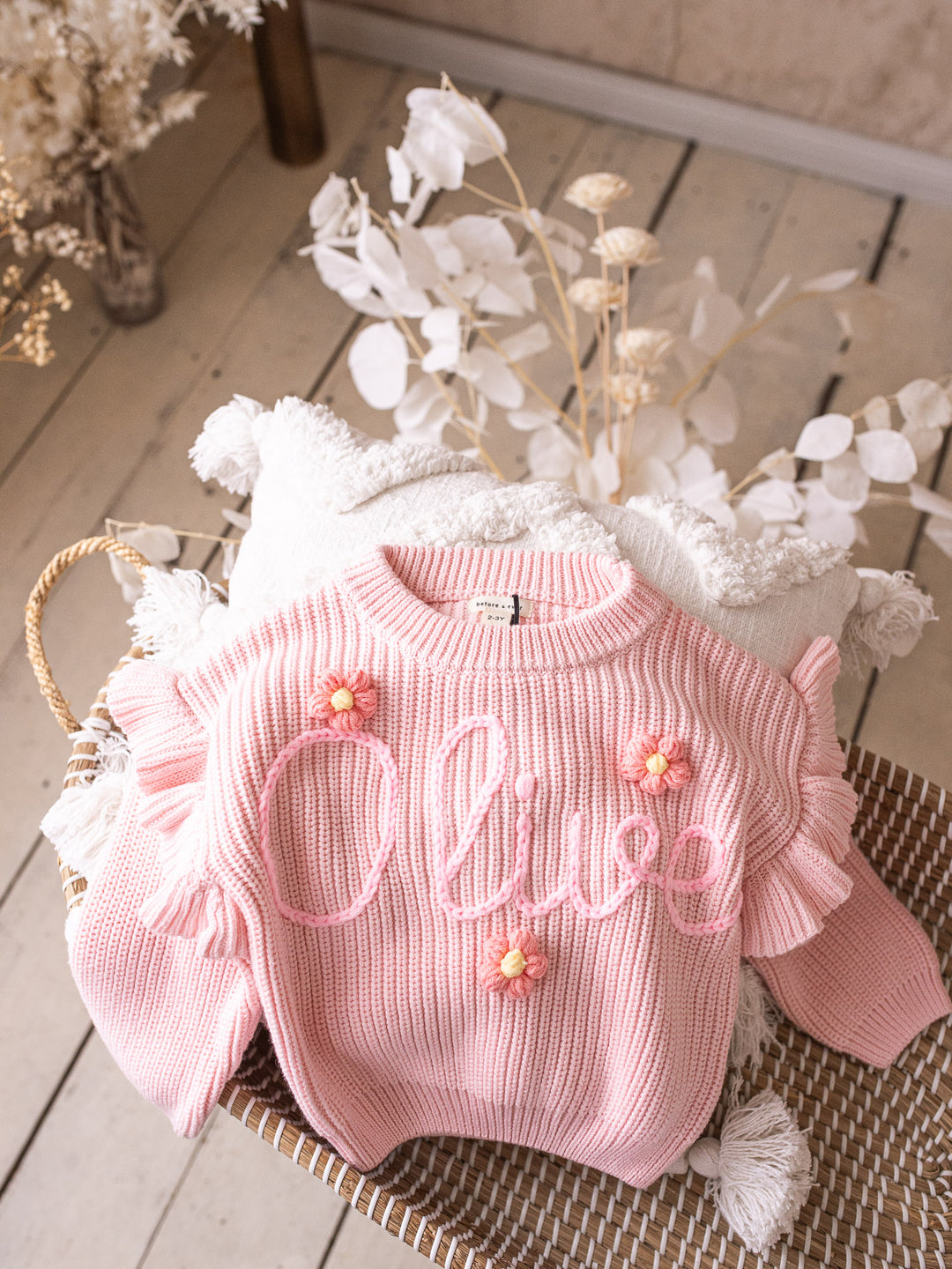 Written in Thread Frill Sweater with Flowers - Baby Pink