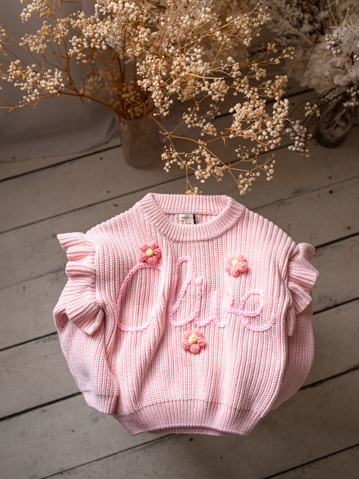 Written in Thread Frill Sweater with Flowers - Baby Pink