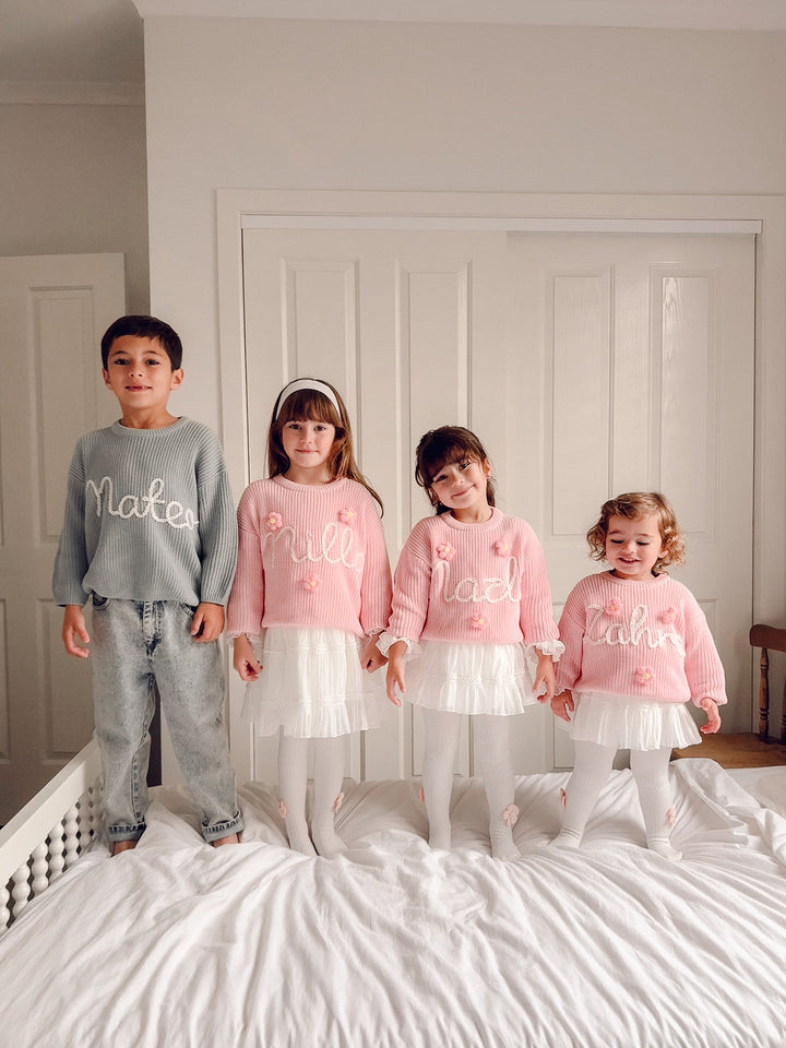 Written in Thread Sweater with Flowers - Baby Pink