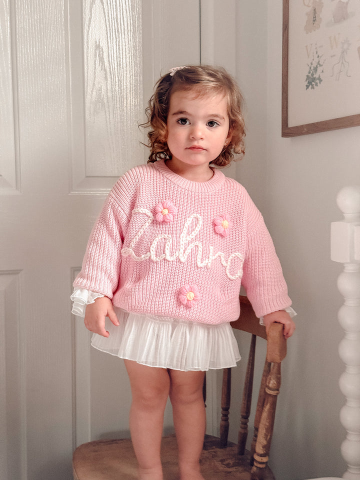 Written in Thread Sweater with Flowers - Baby Pink