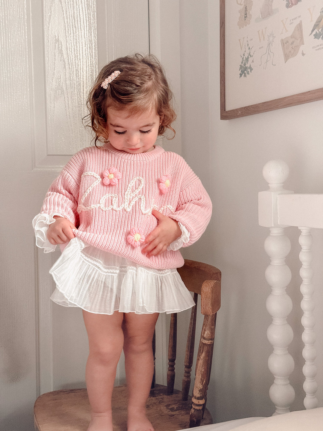Written in Thread Sweater with Flowers - Baby Pink