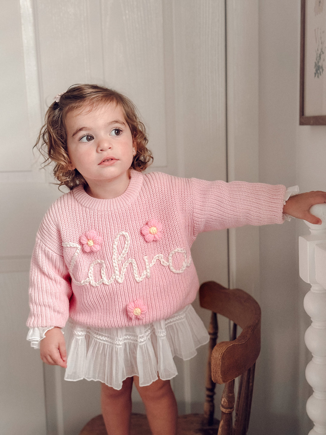 Written in Thread Sweater with Flowers - Baby Pink