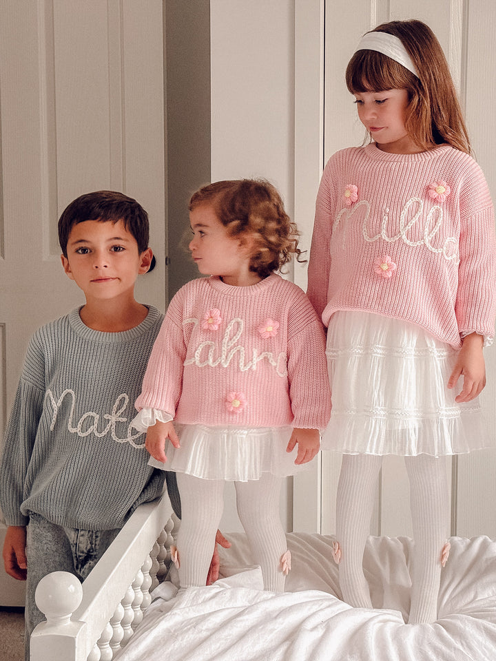 Written in Thread Sweater with Flowers - Baby Pink