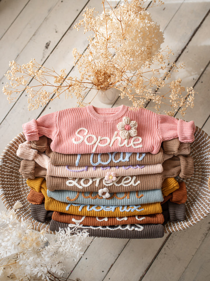 Written in Thread Sweater with Flowers - Baby Pink