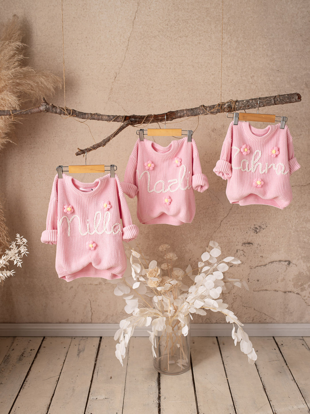 Written in Thread Sweater with Flowers - Baby Pink