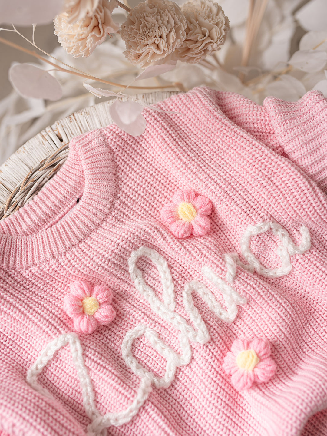 Written in Thread Sweater with Flowers - Baby Pink