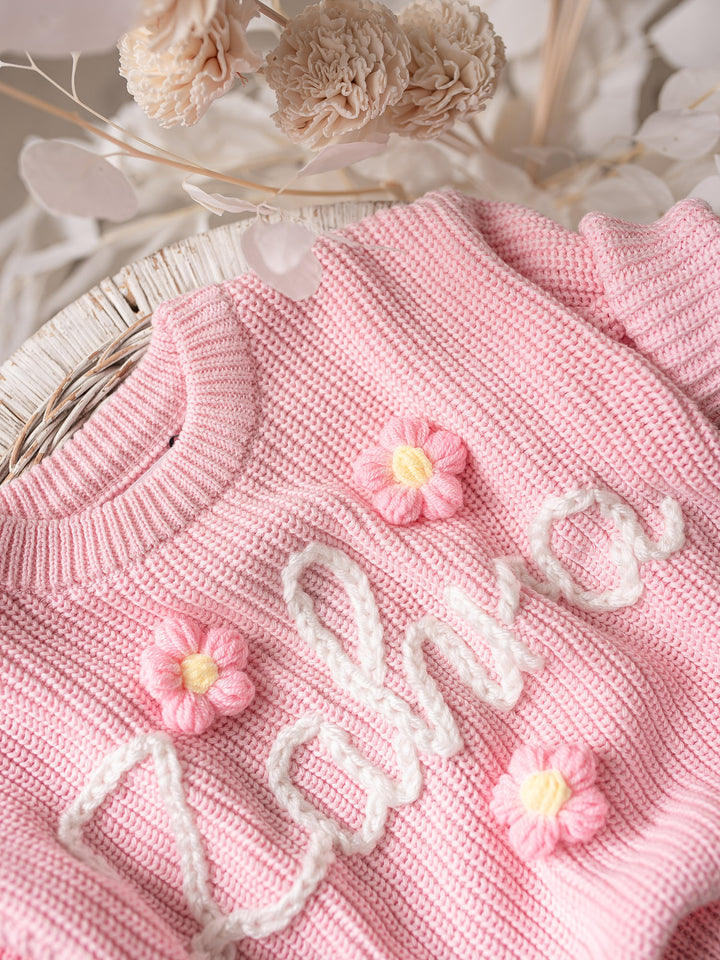Written in Thread Sweater with Flowers - Baby Pink