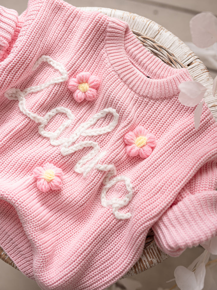 Written in Thread Sweater with Flowers - Baby Pink