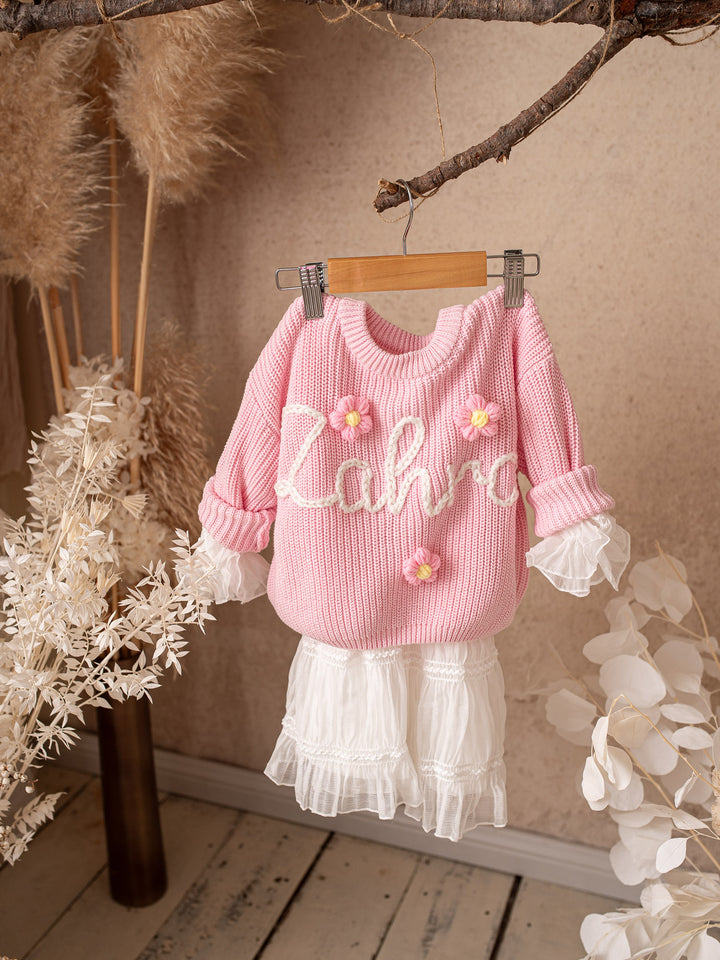 Written in Thread Sweater with Flowers - Baby Pink