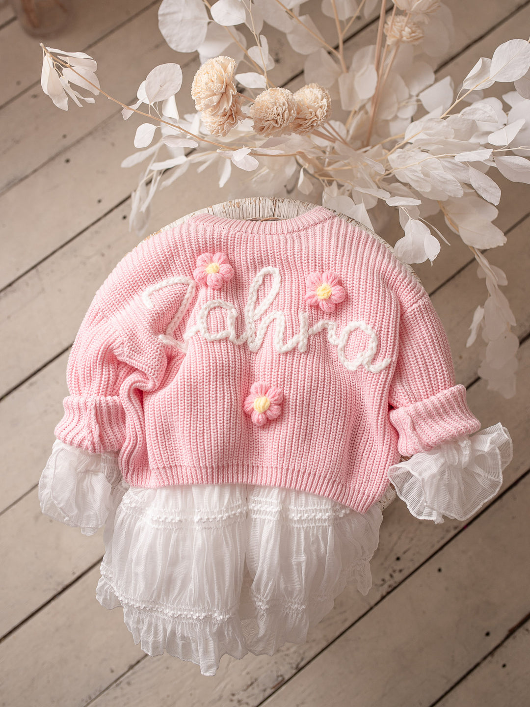 Written in Thread Sweater with Flowers - Baby Pink