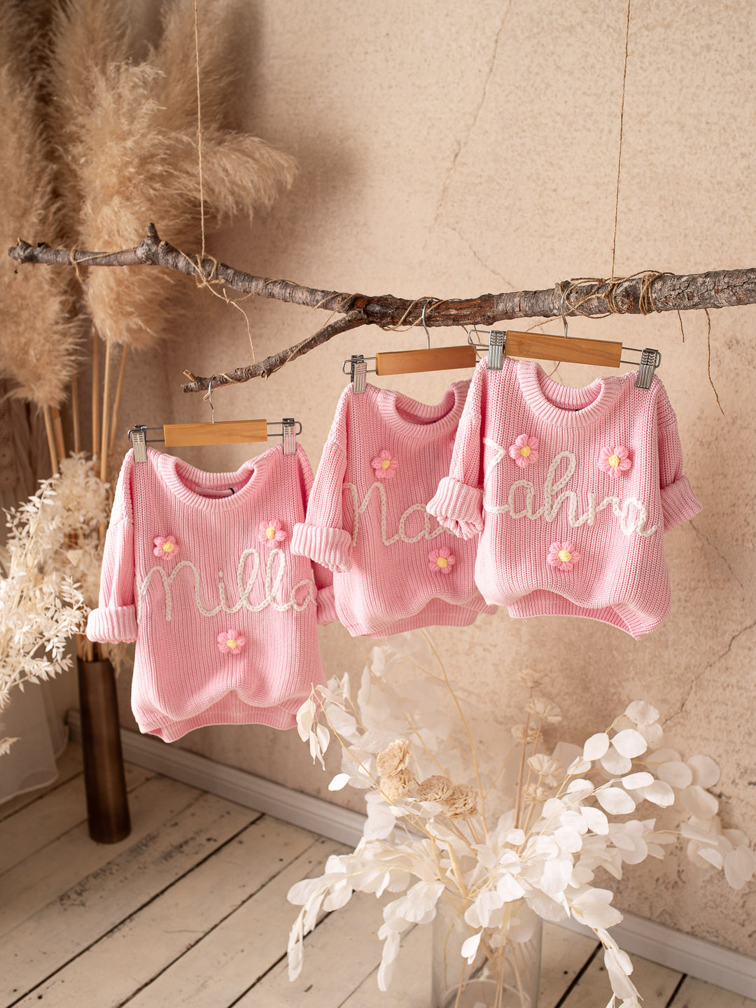 Written in Thread Sweater with Flowers - Baby Pink