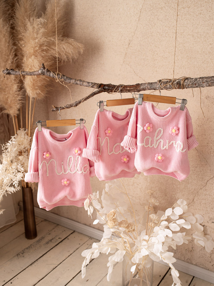 Written in Thread Sweater with Flowers - Baby Pink