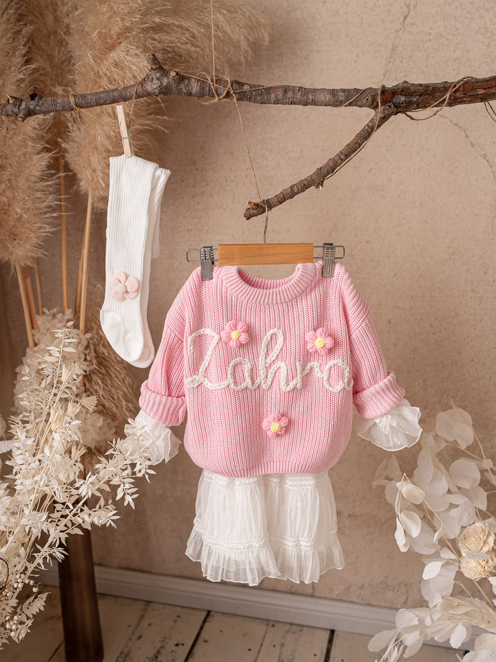 Written in Thread Sweater with Flowers - Baby Pink