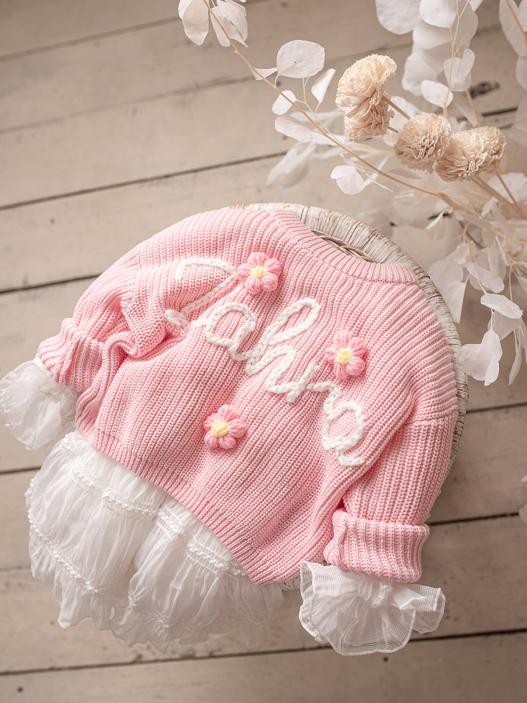 Written in Thread Sweater with Flowers - Baby Pink