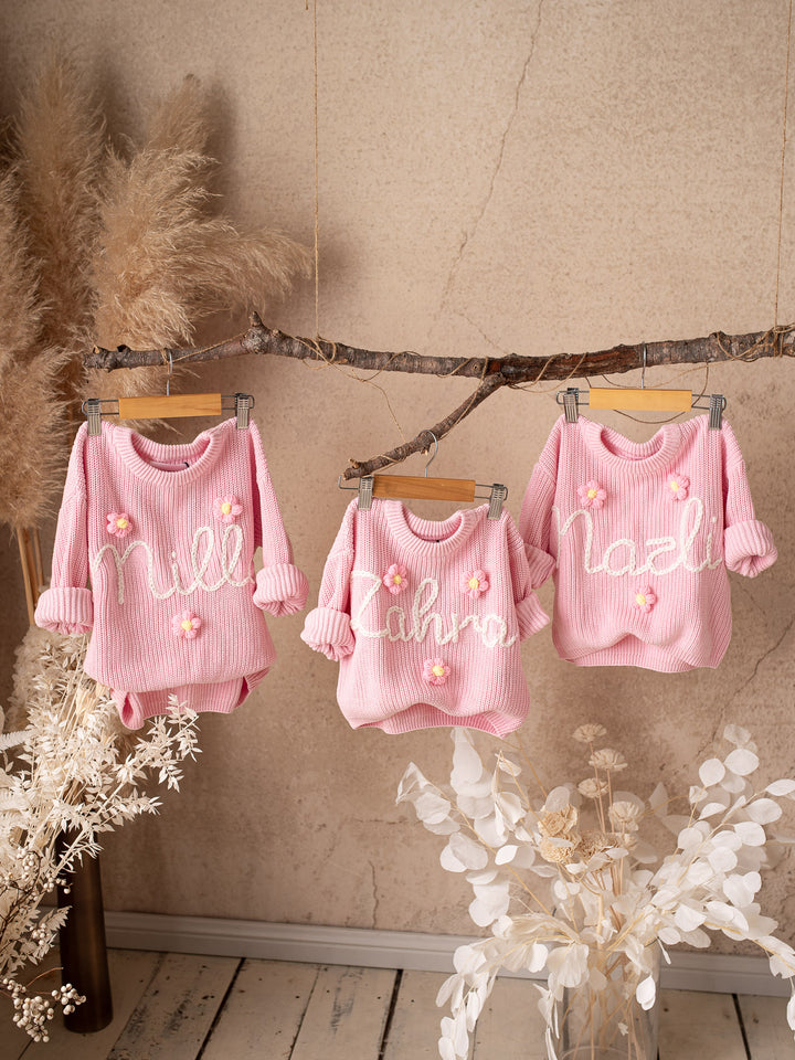 Written in Thread Sweater with Flowers - Baby Pink