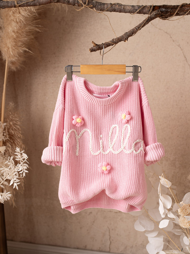 Written in Thread Sweater with Flowers - Baby Pink