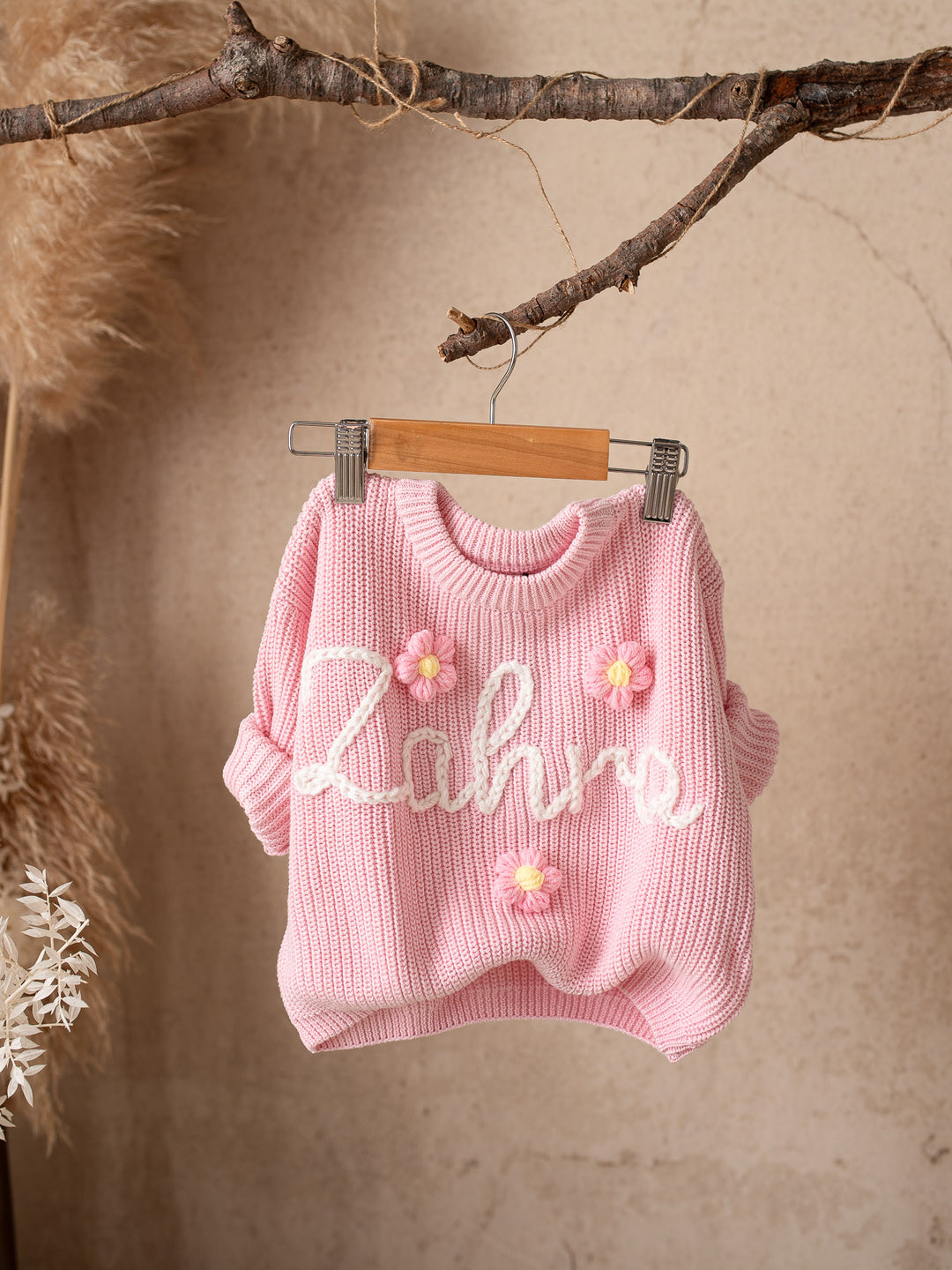 Written in Thread Sweater with Flowers - Baby Pink