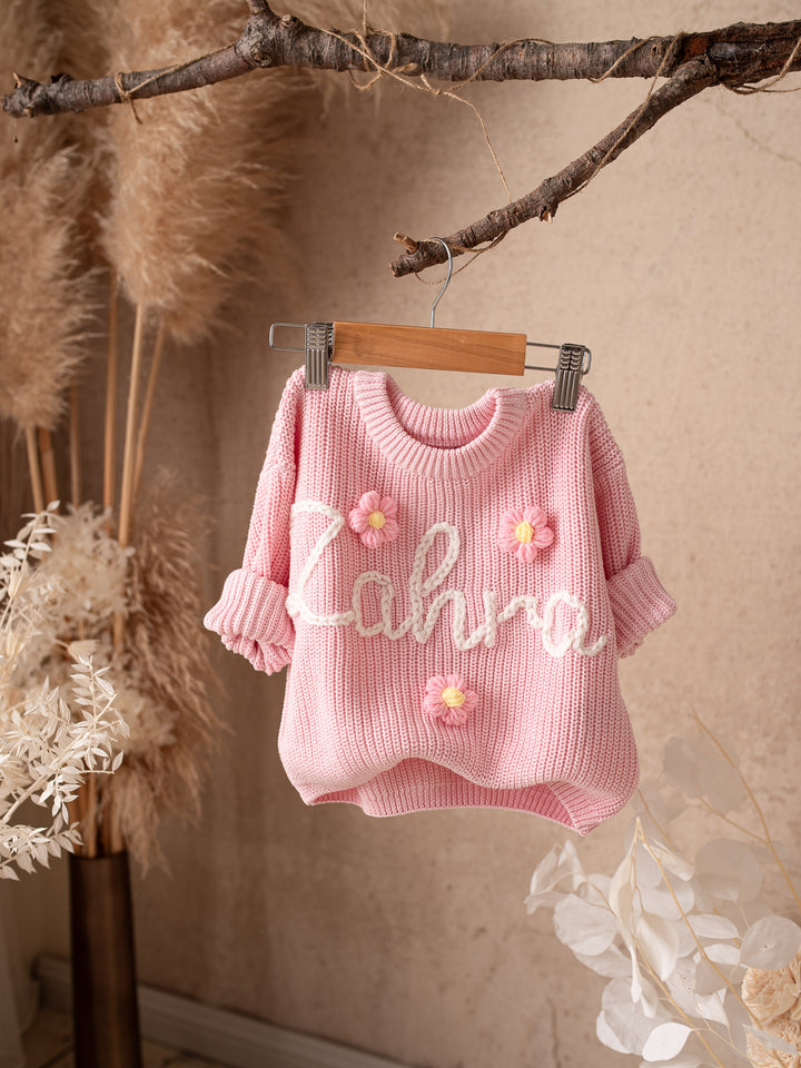 Written in Thread Sweater with Flowers - Baby Pink