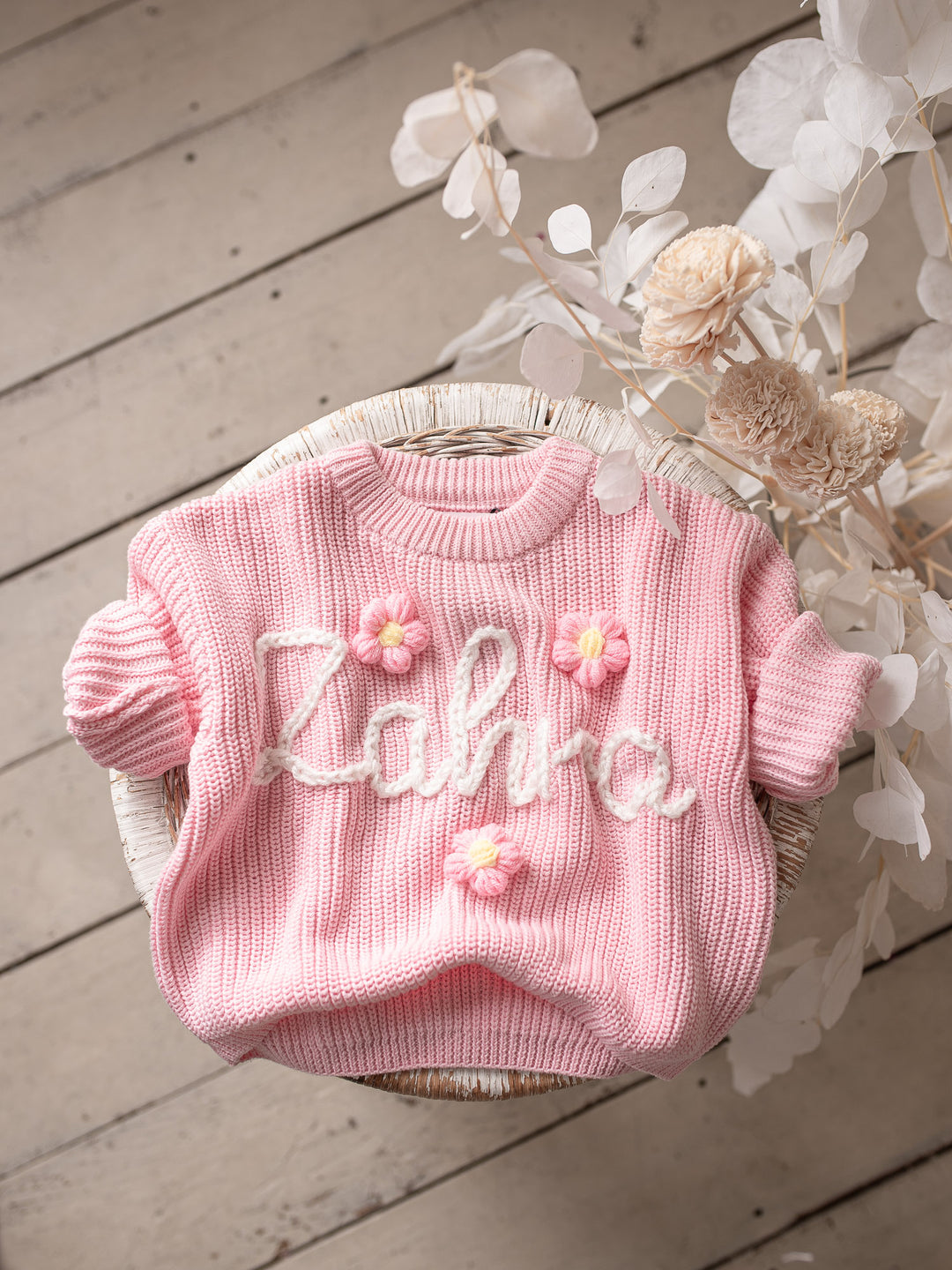 Written in Thread Sweater with Flowers - Baby Pink
