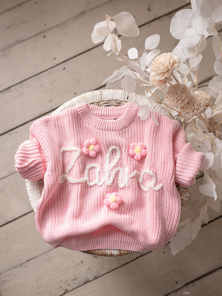 Written in Thread Sweater with Flowers - Baby Pink
